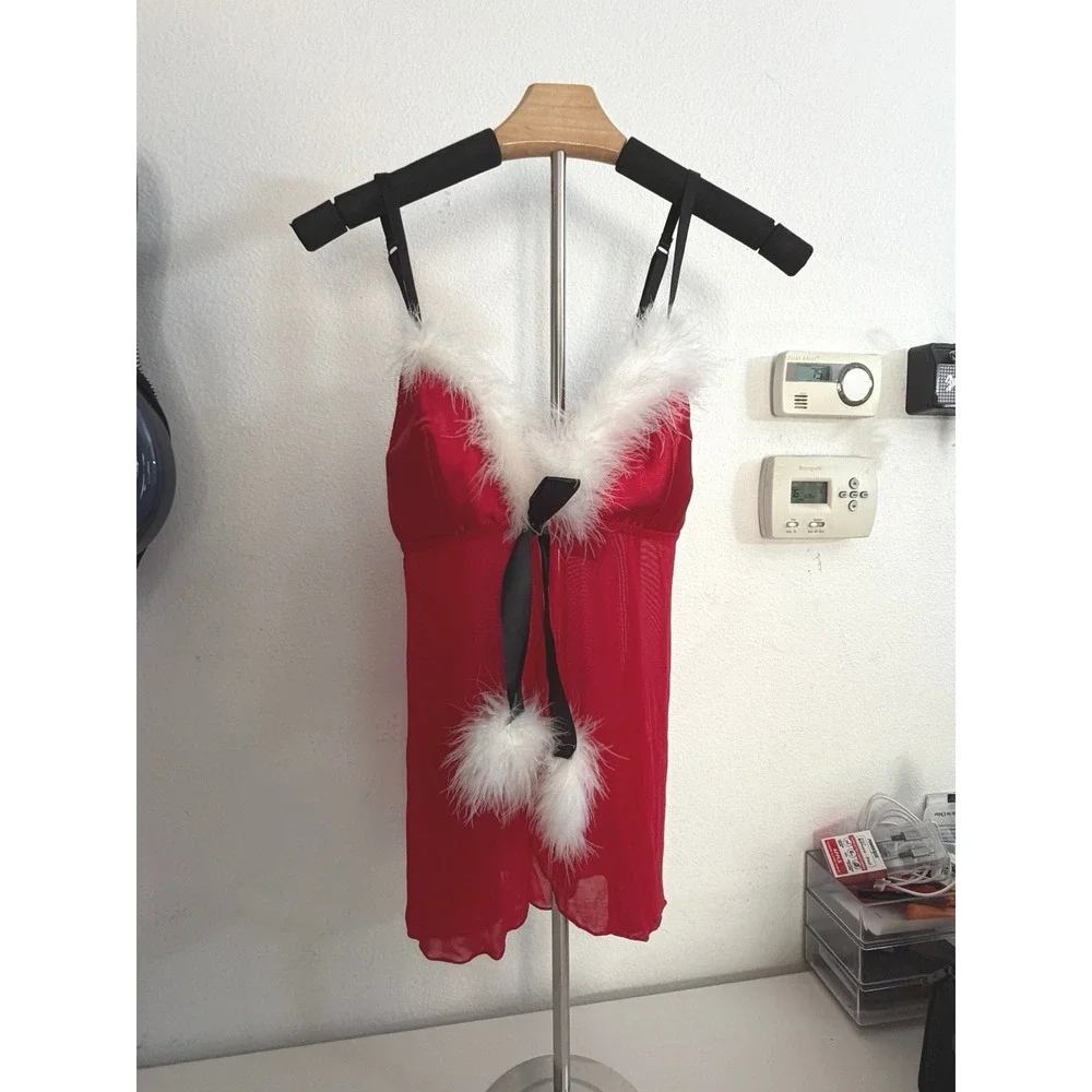 Passion Forever Red Christmas Babydoll Chemise Faux Fur Trim Pom Pom Medium